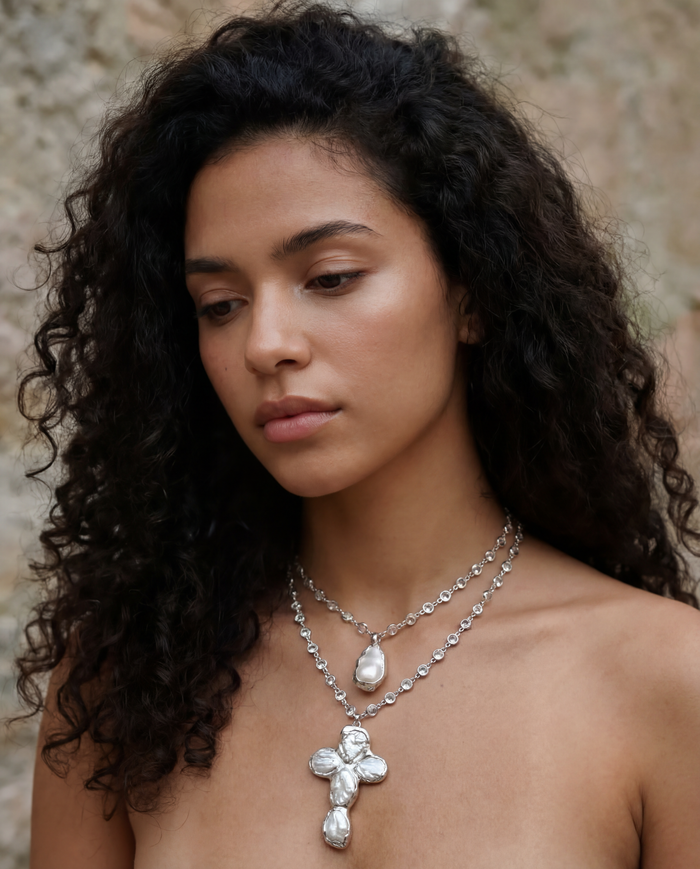 Baroque Pearl Cross Necklace-SimpleModerne