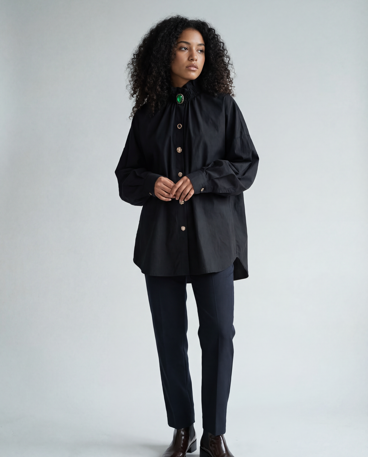 Ruffled Blouse with Decorative Buttons-SimpleModerne