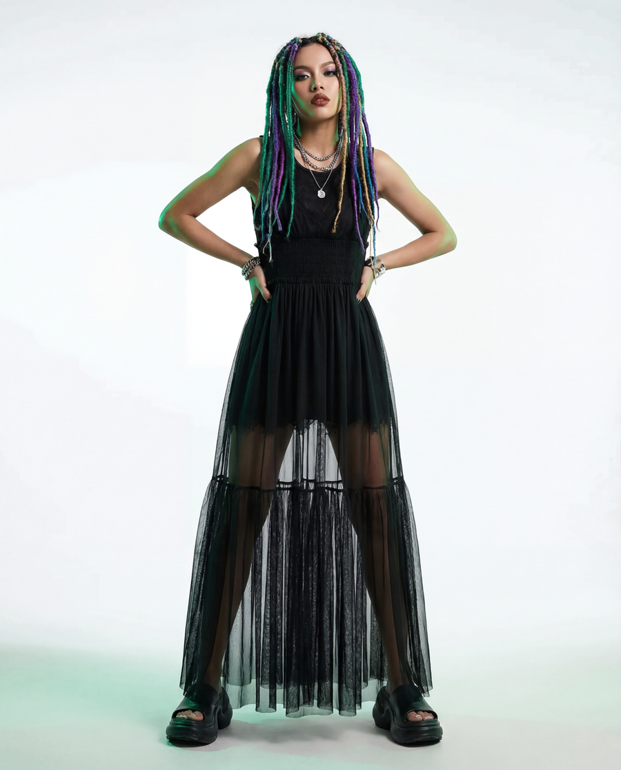 Sheer Overlay Dress with Spaghetti Straps-SimpleModerne