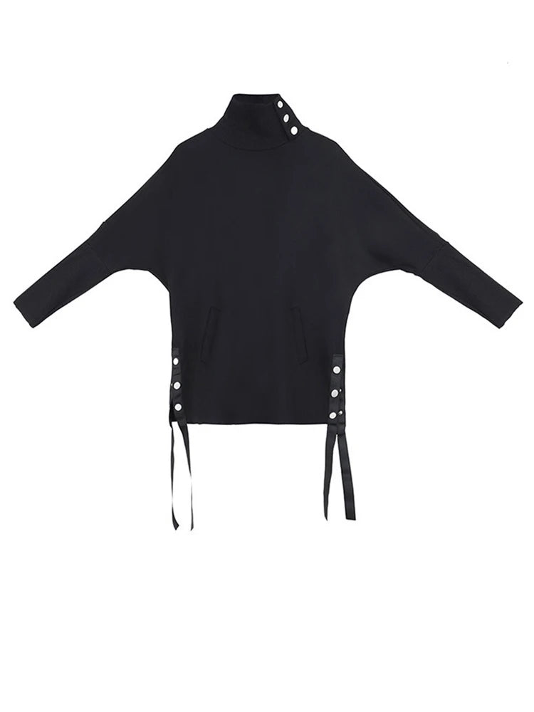 Asymmetric Button Turtleneck Pullover-SimpleModerne
