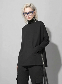 Asymmetric Button Turtleneck Pullover-SimpleModerne