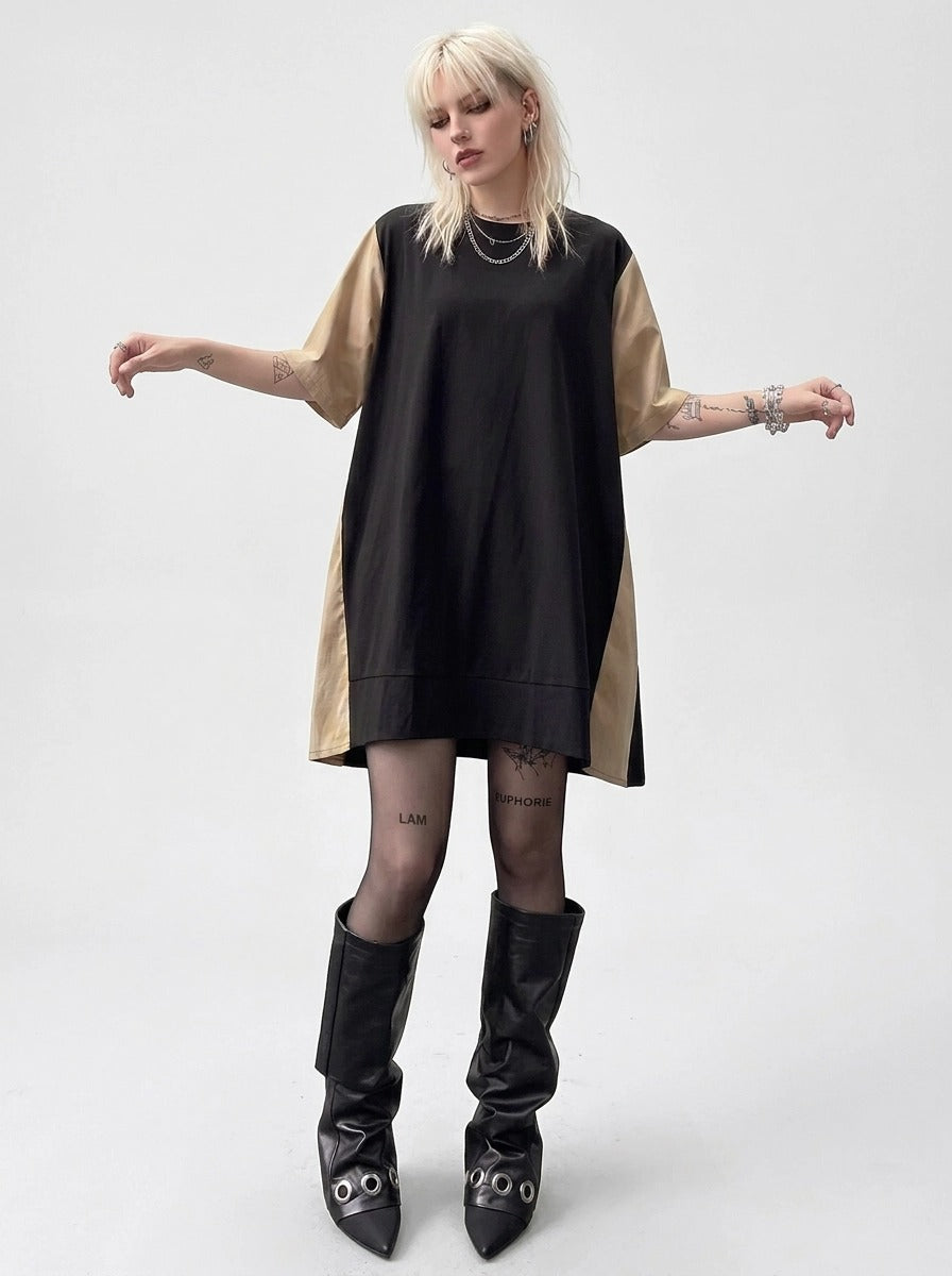 Asymmetric Color-Block Pleated Midi Dress-SimpleModerne