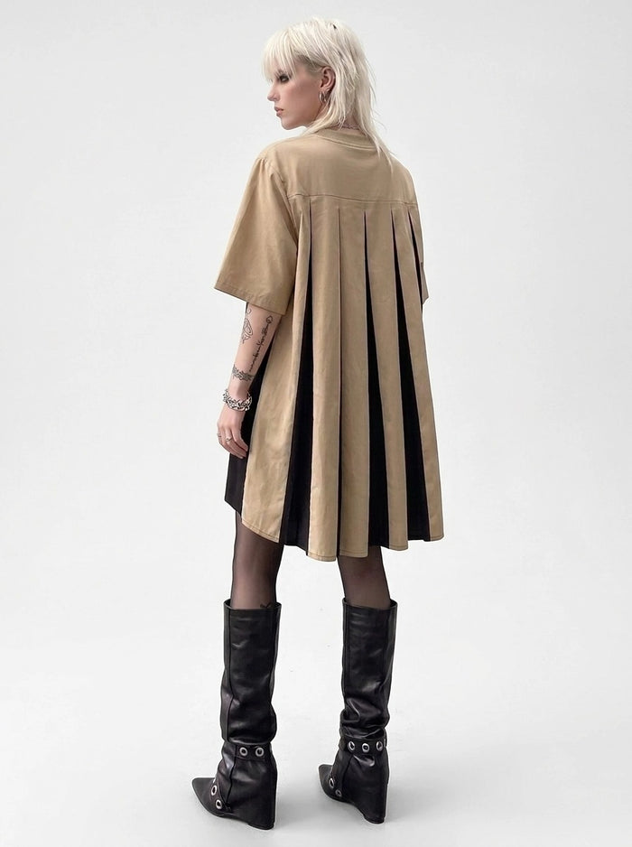 Asymmetric Color-Block Pleated Midi Dress-SimpleModerne
