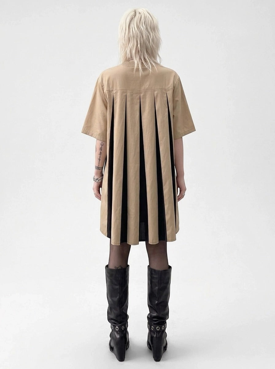 Asymmetric Color-Block Pleated Midi Dress-SimpleModerne