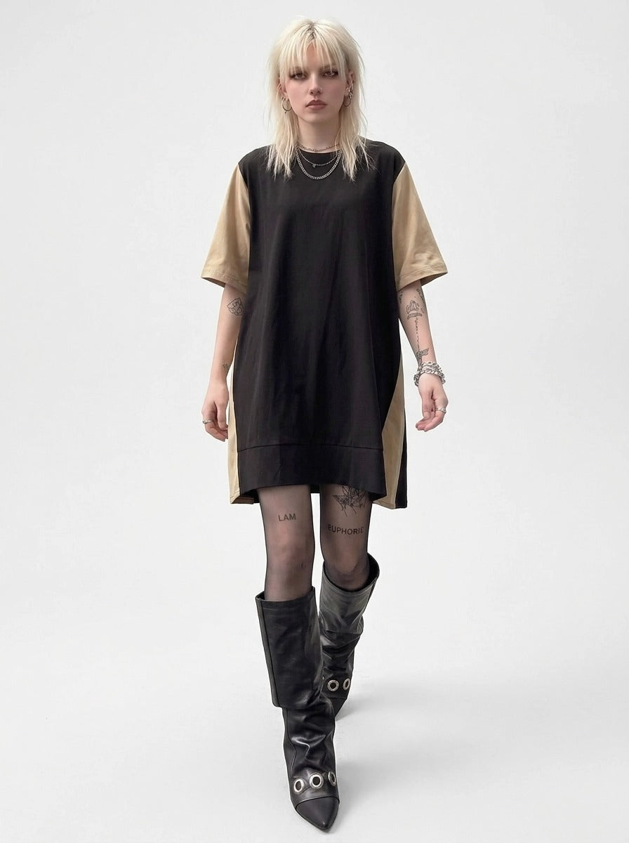 Asymmetric Color-Block Pleated Midi Dress-SimpleModerne