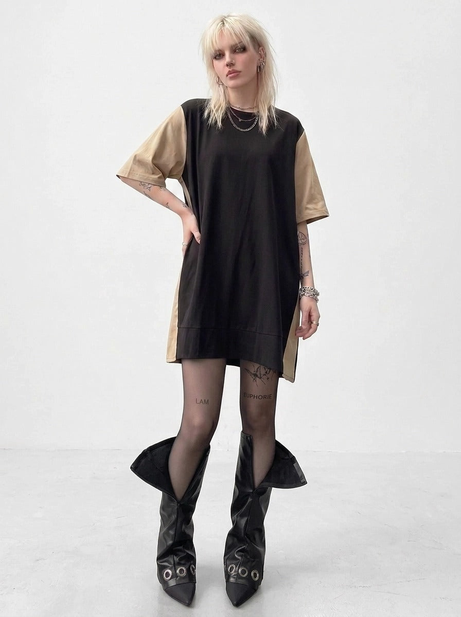 Asymmetric Color-Block Pleated Midi Dress-SimpleModerne