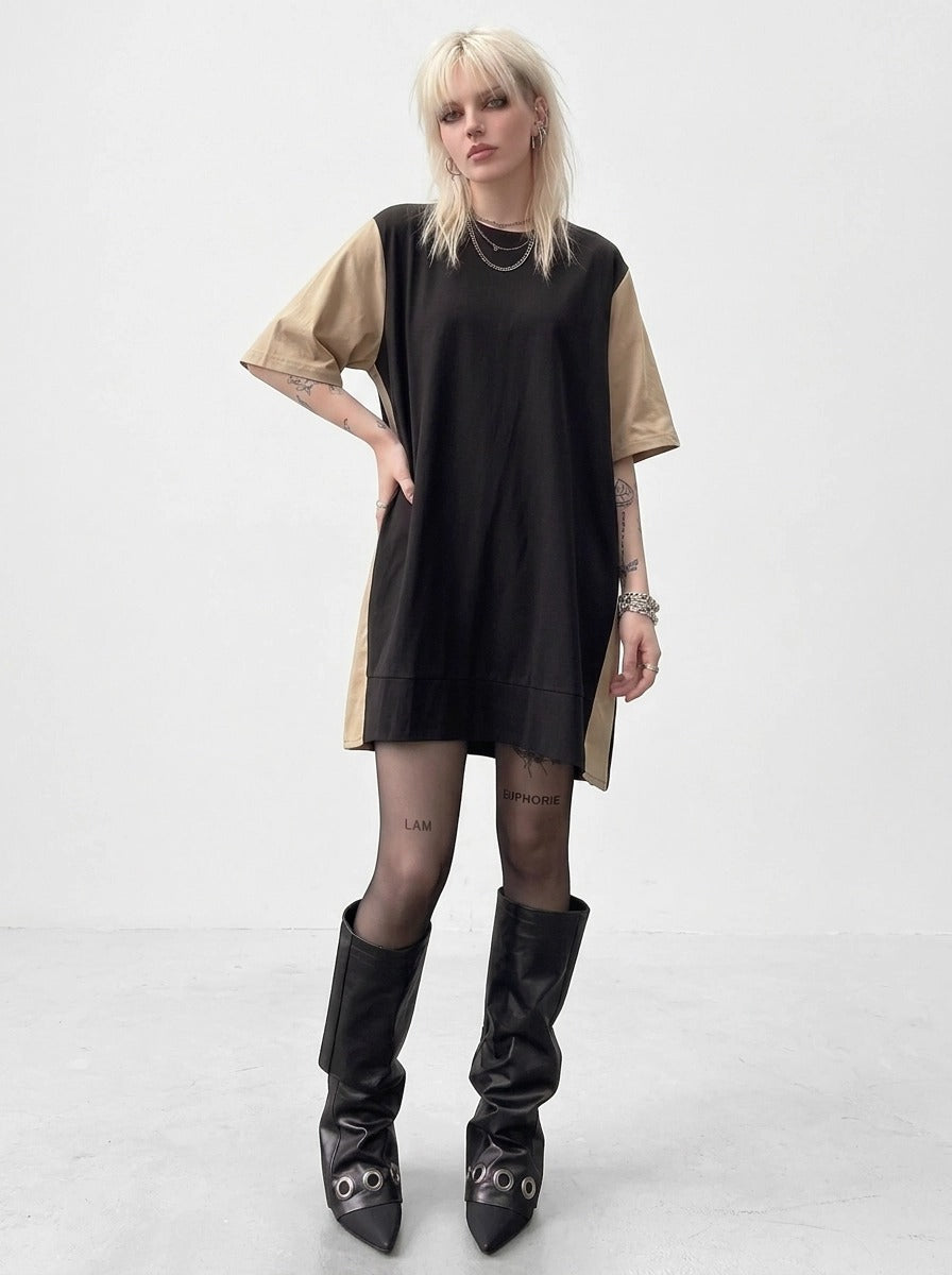 Asymmetric Color-Block Pleated Midi Dress-SimpleModerne