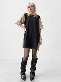 Asymmetric Color-Block Pleated Midi Dress-SimpleModerne