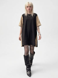 Asymmetric Color-Block Pleated Midi Dress-SimpleModerne