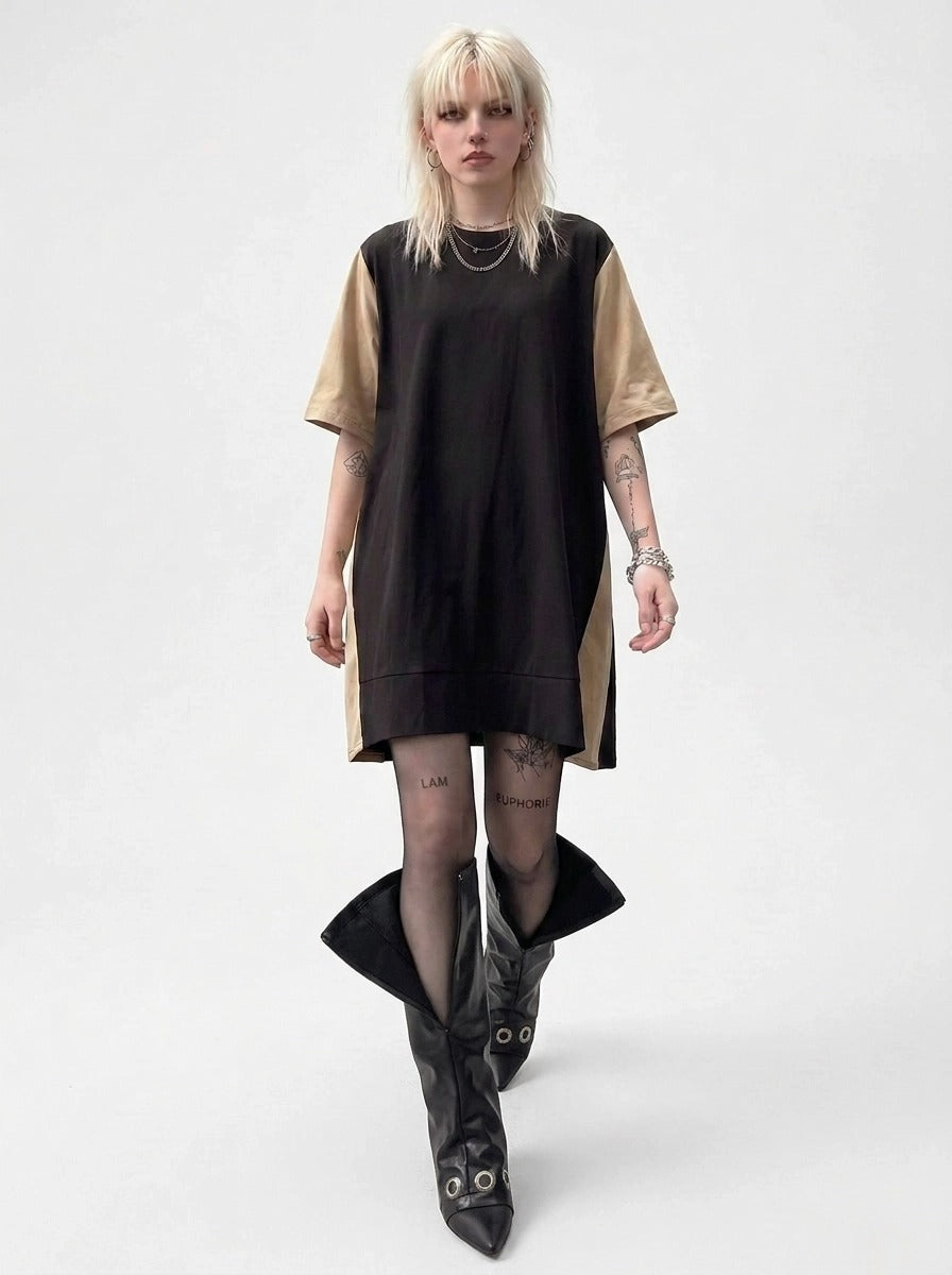 Asymmetric Color-Block Pleated Midi Dress-SimpleModerne