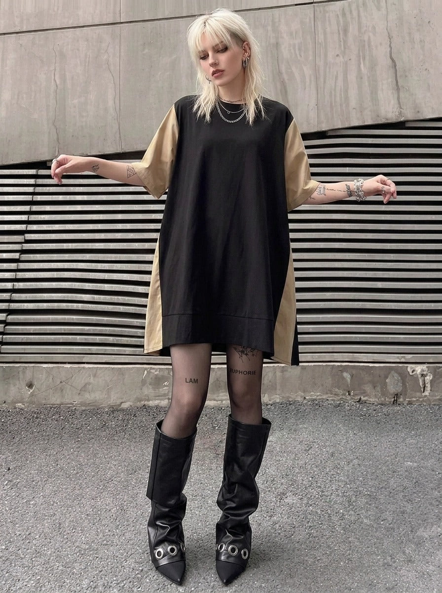 Asymmetric Color-Block Pleated Midi Dress-SimpleModerne