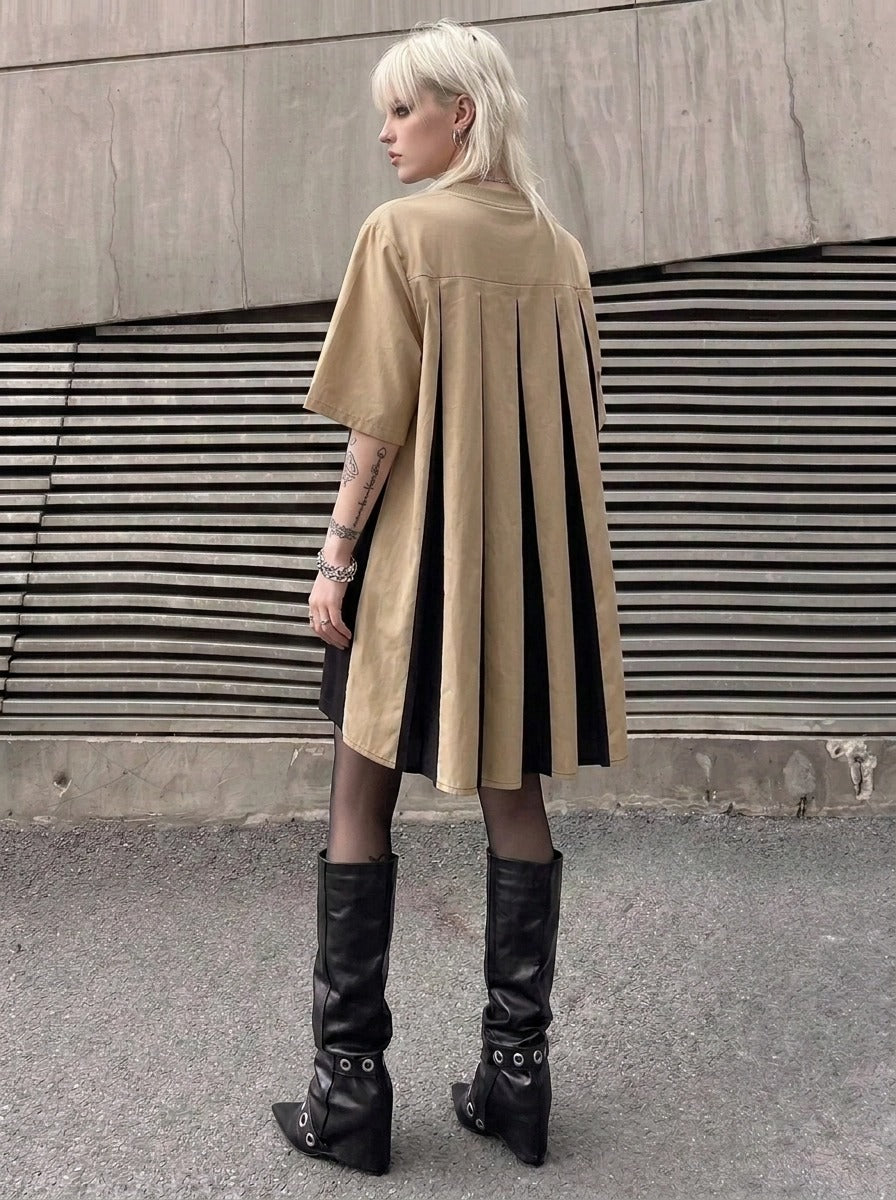 Asymmetric Color-Block Pleated Midi Dress-SimpleModerne