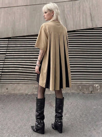 Asymmetric Color-Block Pleated Midi Dress-SimpleModerne