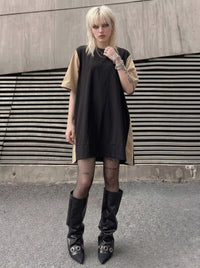 Asymmetric Color-Block Pleated Midi Dress-SimpleModerne