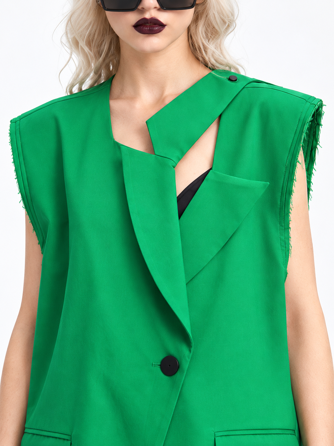 Asymmetric Raw-Edge Sleeveless Blazer-SimpleModerne