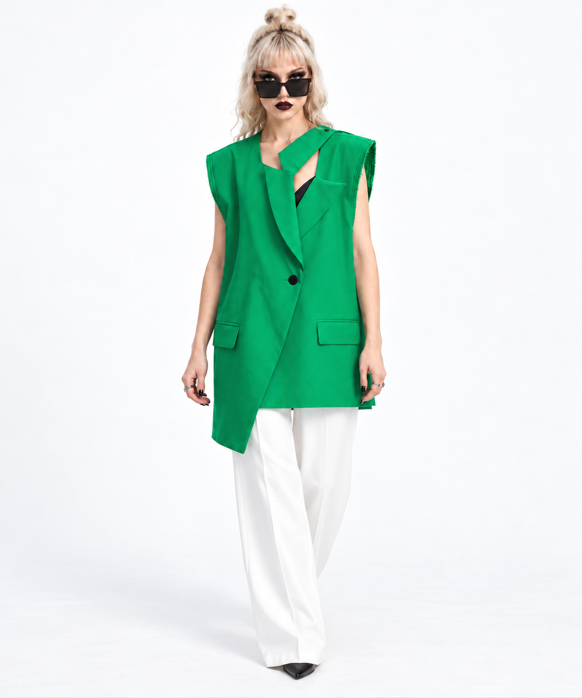 Asymmetric Raw-Edge Sleeveless Blazer-SimpleModerne