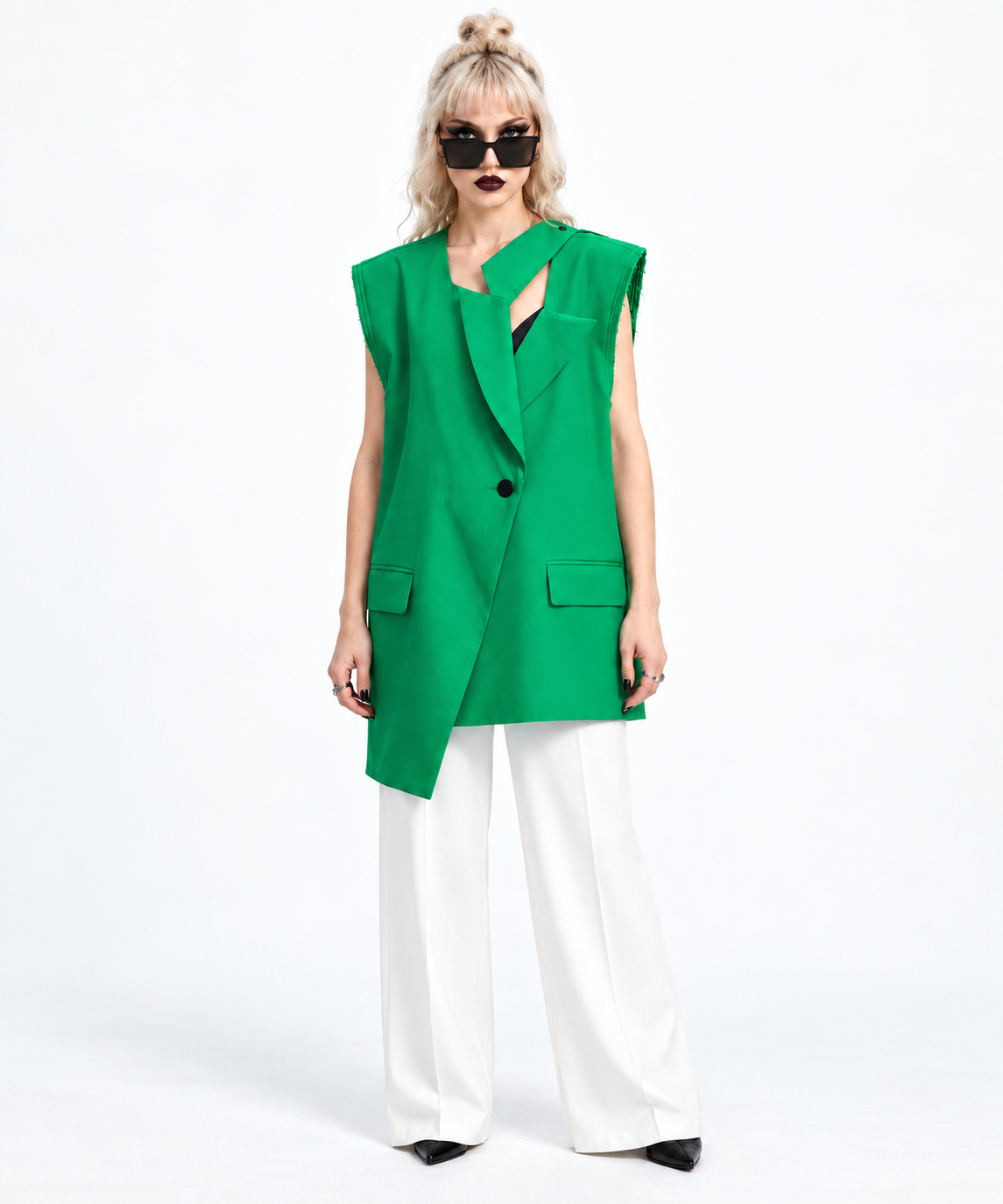 Asymmetric Raw-Edge Sleeveless Blazer-SimpleModerne