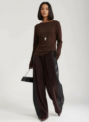 Vegan Leather Patchwork Relaxed Trousers - Coffee Brown & Black-SimpleModerne