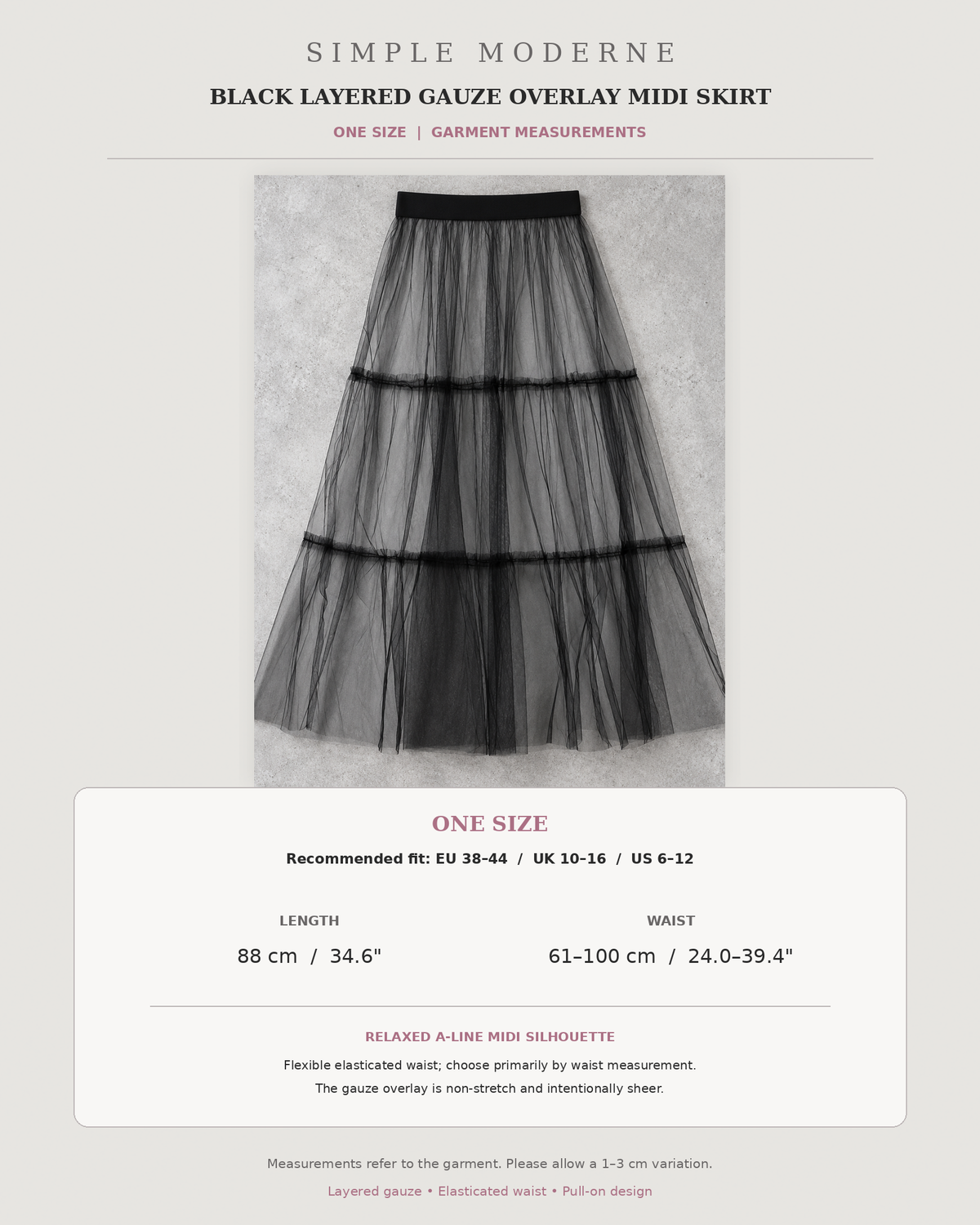 Black layered gauze overlay midi skirt size and measurement chart in centimetres and inches.