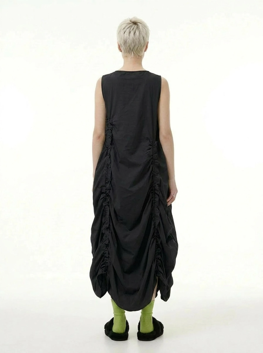 Minimalist Avant-Garde Draped Dress – Oversized Ruched Midi in Black-SimpleModerne
