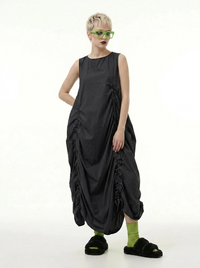 Minimalist Avant-Garde Draped Dress – Oversized Ruched Midi in Black-SimpleModerne