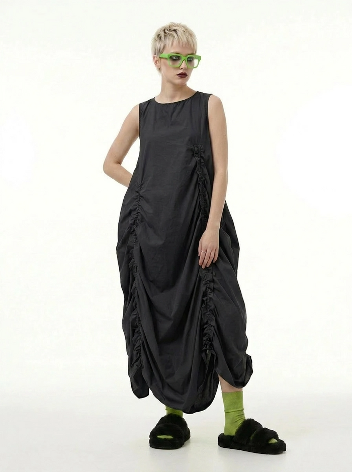 Minimalist Avant-Garde Draped Dress – Oversized Ruched Midi in Black-SimpleModerne