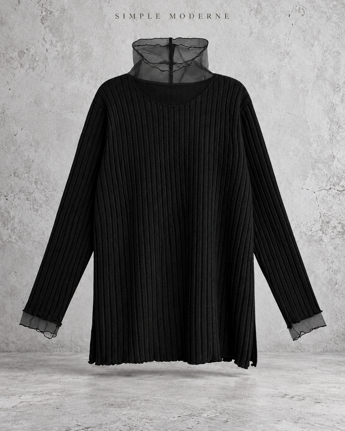 Black oversized rib-knit sweater with sheer mesh turtleneck and cuffs, flat front view – Simple Moderne
