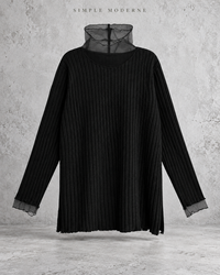 Black oversized rib-knit sweater with sheer mesh turtleneck and cuffs, flat front view – Simple Moderne