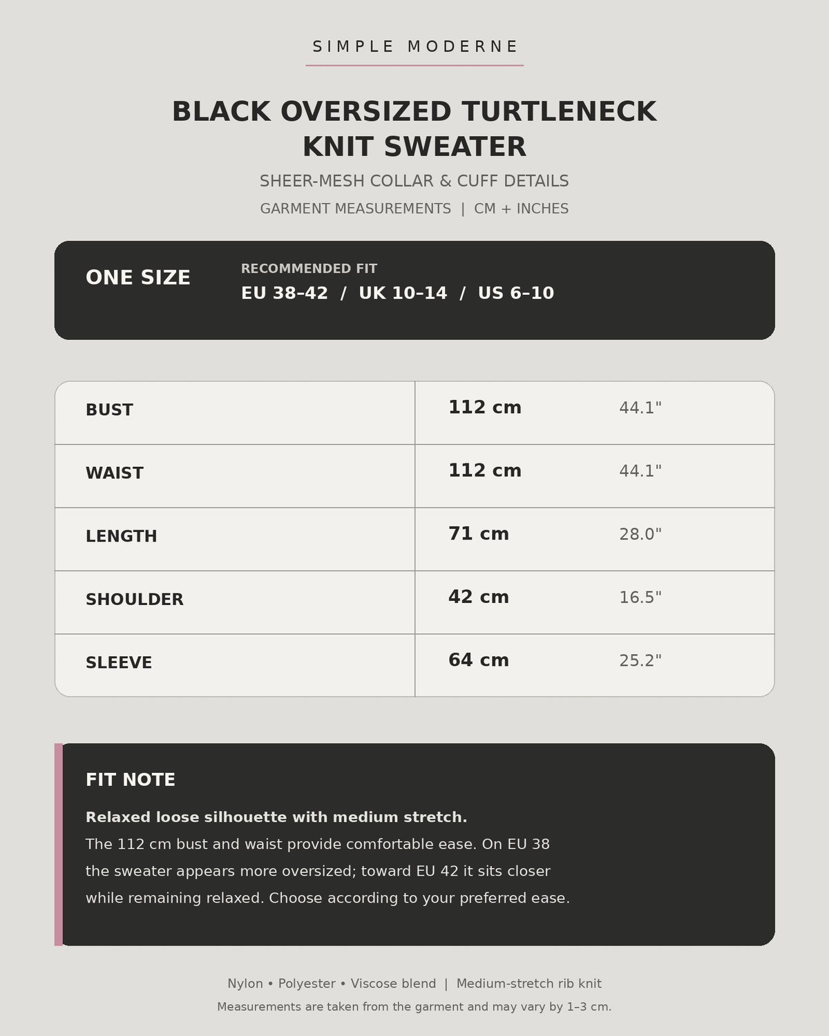 Black oversized turtleneck knit sweater one-size measurement chart in centimetres and inches