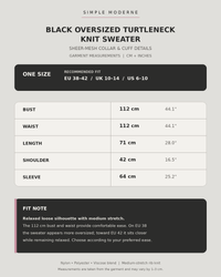 Black oversized turtleneck knit sweater one-size measurement chart in centimetres and inches