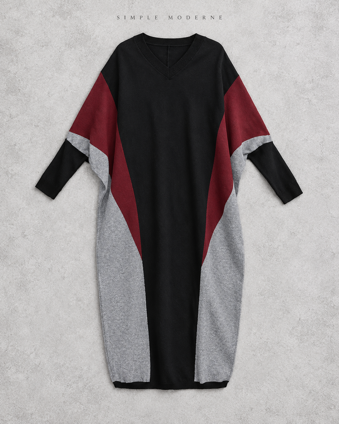 Black Oversized V-Neck Block Knit Midi Dress-SimpleModerne
