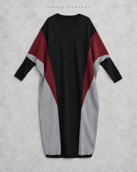 Black Oversized V-Neck Block Knit Midi Dress-SimpleModerne