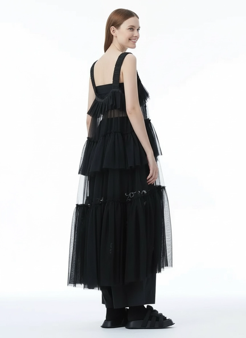 Black Tiered Tulle Pinafore Dress-SimpleModerne
