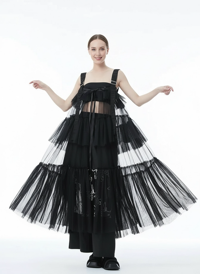 Black Tiered Tulle Pinafore Dress-SimpleModerne