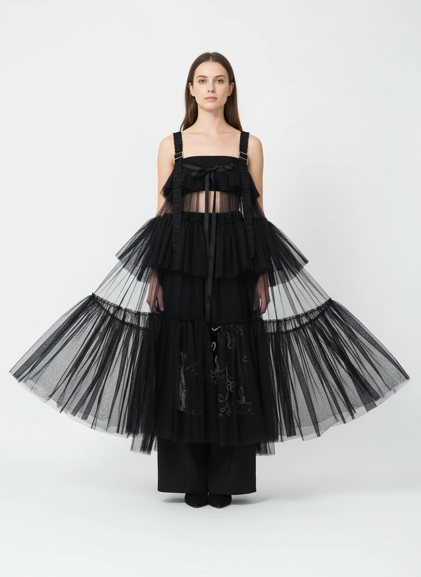 Black Tiered Tulle Pinafore Dress-SimpleModerne