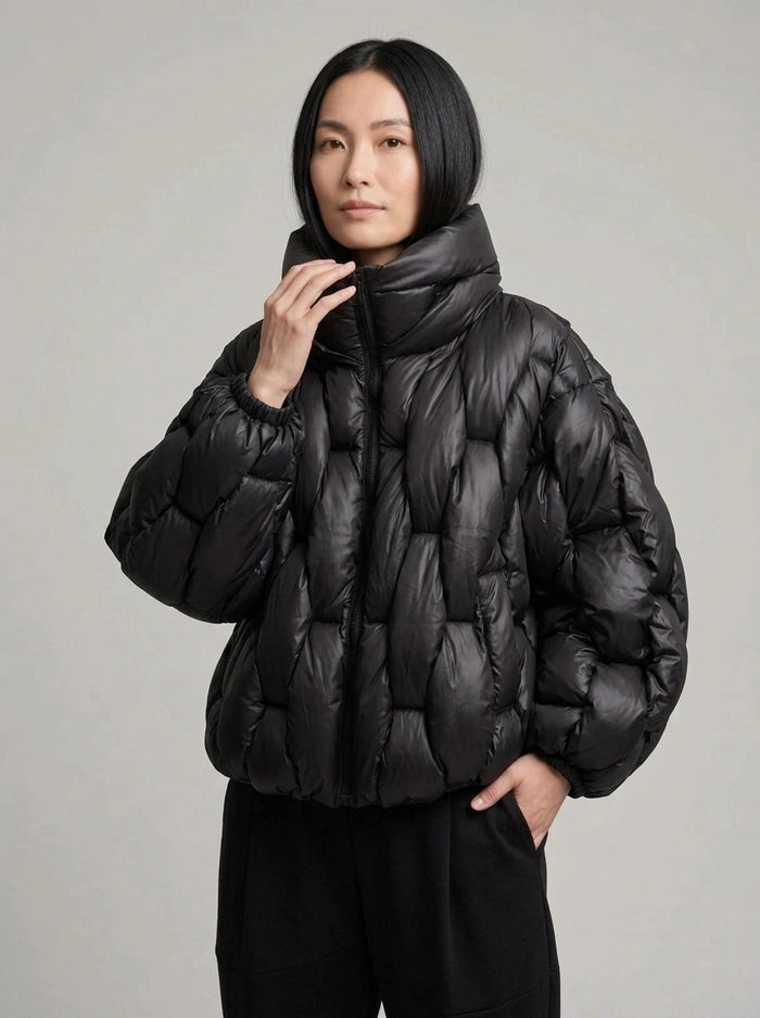 Black Woven Oversized Puffer Jacket-SimpleModerne