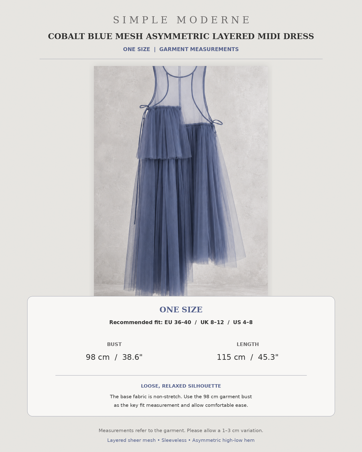 Cobalt blue mesh asymmetric layered midi dress size and measurement chart in centimetres and inches.