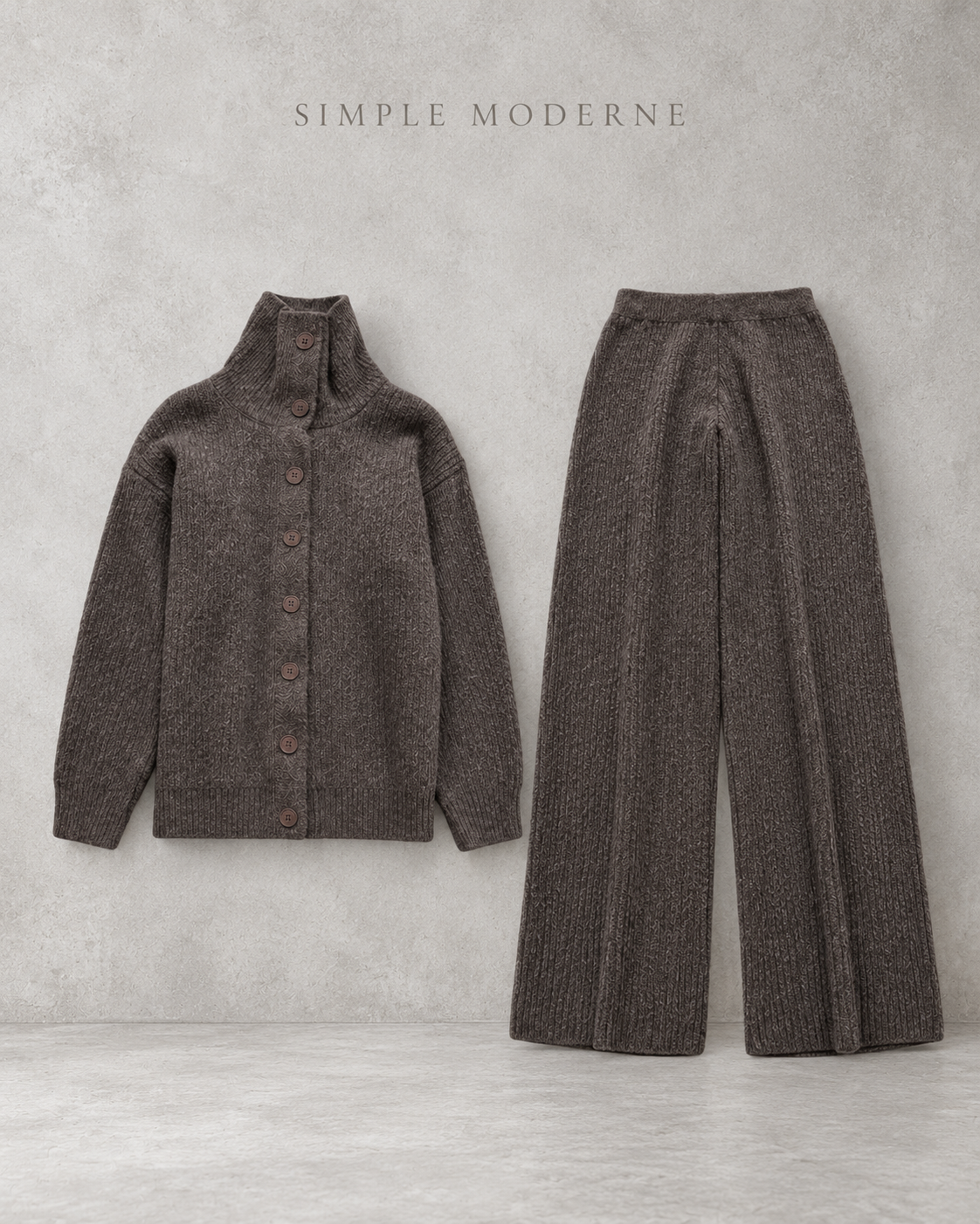 Coffee brown knitted cardigan and wide-leg trousers set displayed flat against a light concrete background.