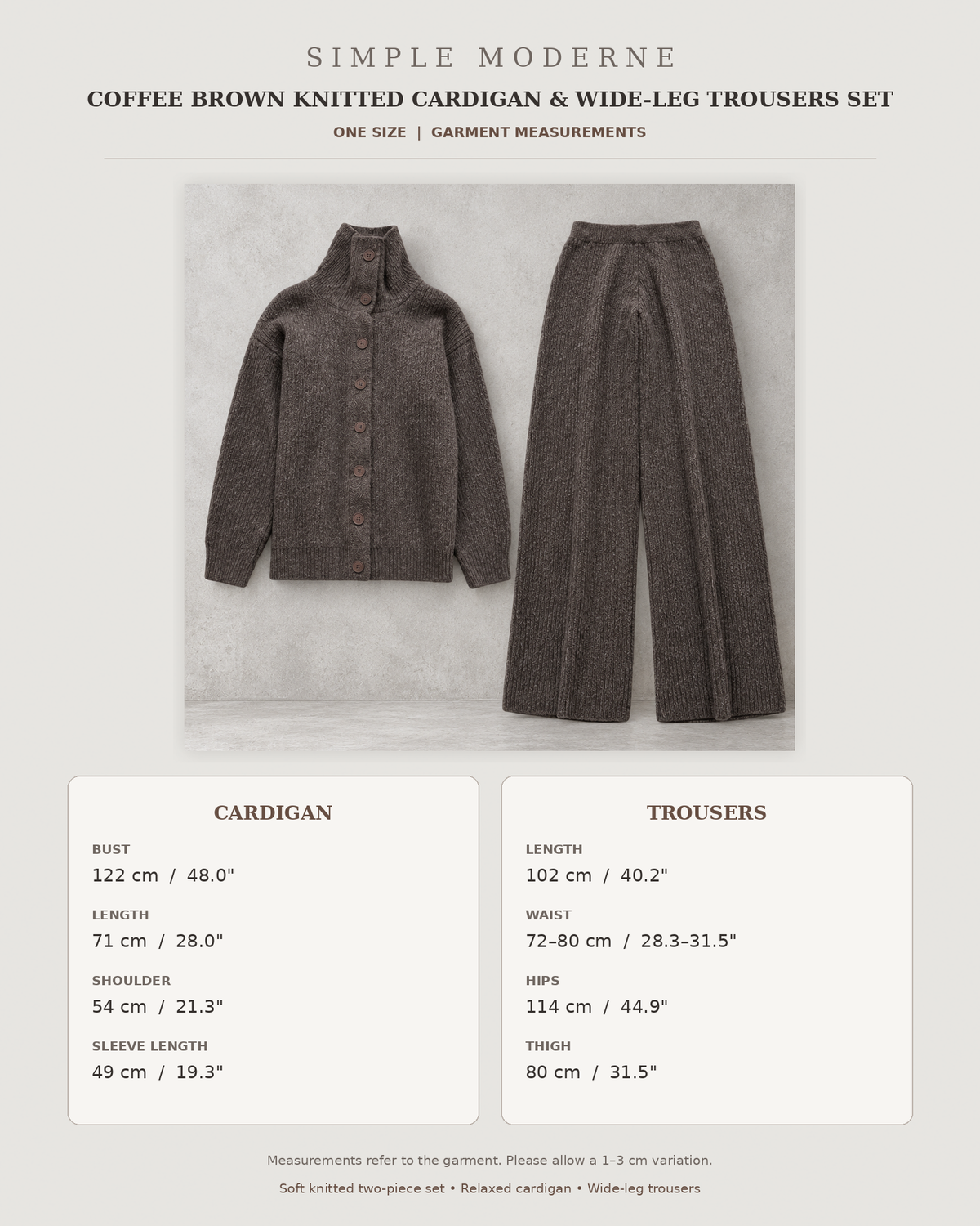 Coffee brown knitted cardigan and wide-leg trousers set measurement chart in centimetres and inches.
