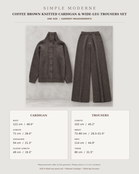 Coffee brown knitted cardigan and wide-leg trousers set measurement chart in centimetres and inches.