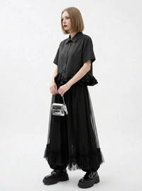 Minimalist Goth Wide-Leg Tulle Overlay Trousers – Casual Minimal Statement Pants-SimpleModerne