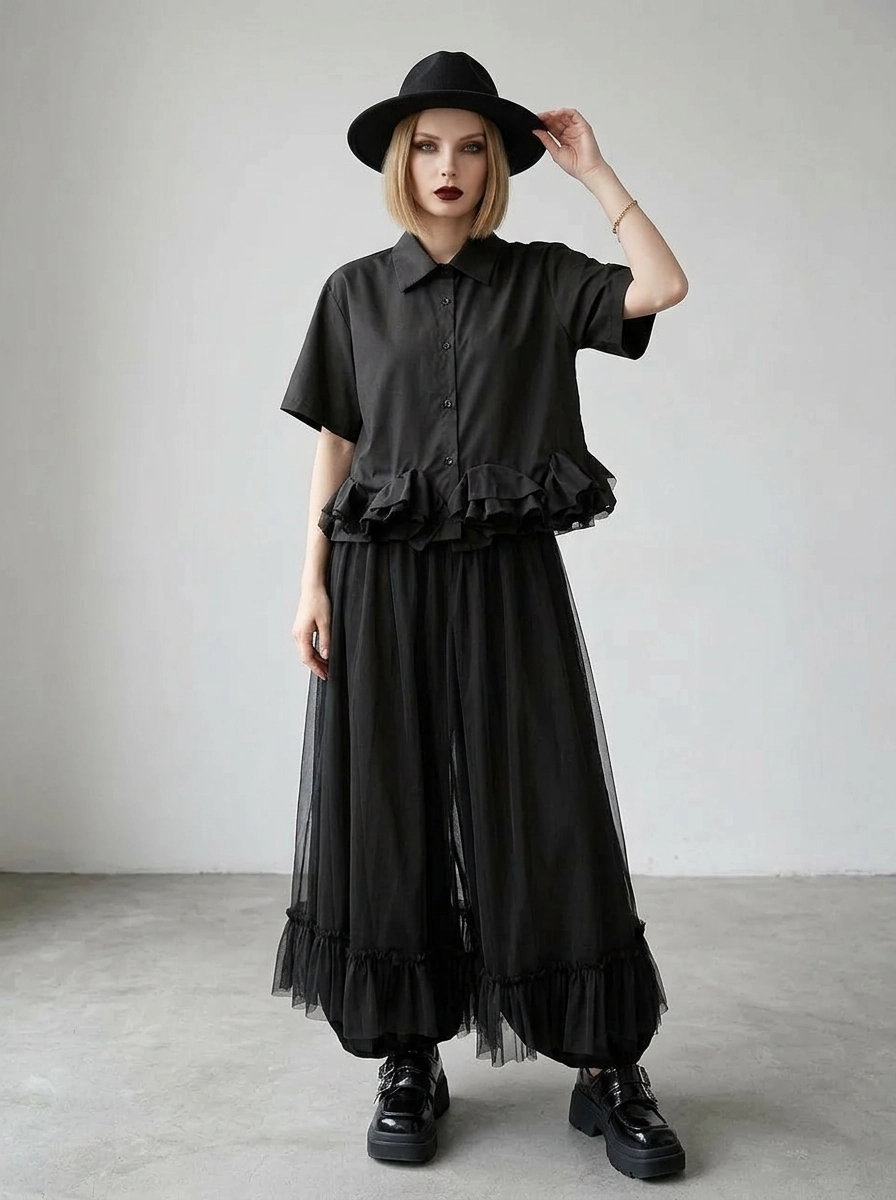 Minimalist Goth Wide-Leg Tulle Overlay Trousers – Casual Minimal Statement Pants-SimpleModerne