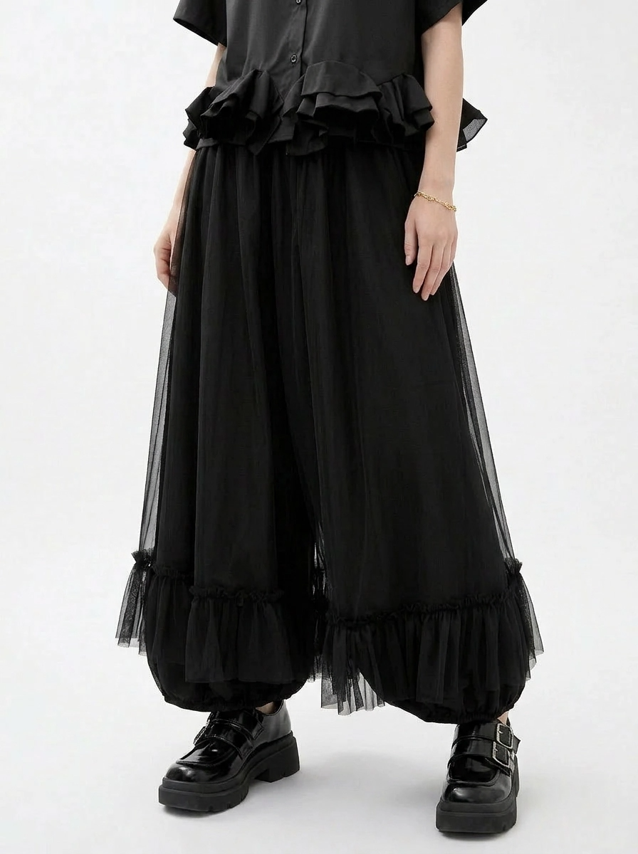 Minimalist Goth Wide-Leg Tulle Overlay Trousers – Casual Minimal Statement Pants-SimpleModerne