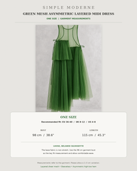 Green mesh asymmetric layered midi dress size and measurement chart in centimetres and inches.
