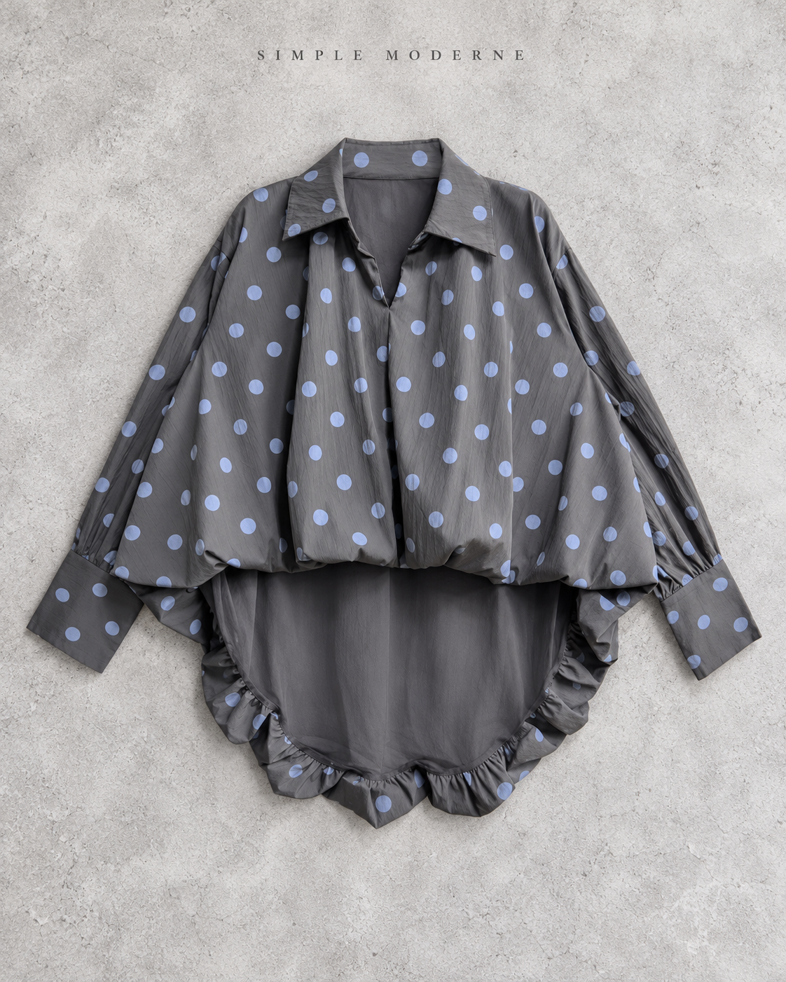 Grey Polka Dot Asymmetric Pleated Oversized Blouse-SimpleModerne