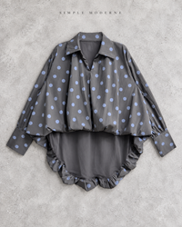 Grey Polka Dot Asymmetric Pleated Oversized Blouse-SimpleModerne