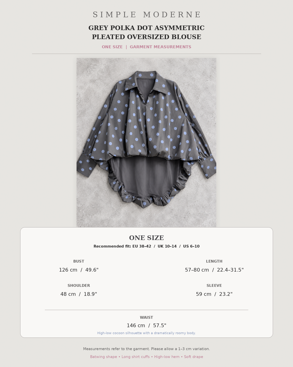 Grey Polka Dot Asymmetric Pleated Oversized Blouse-SimpleModerne