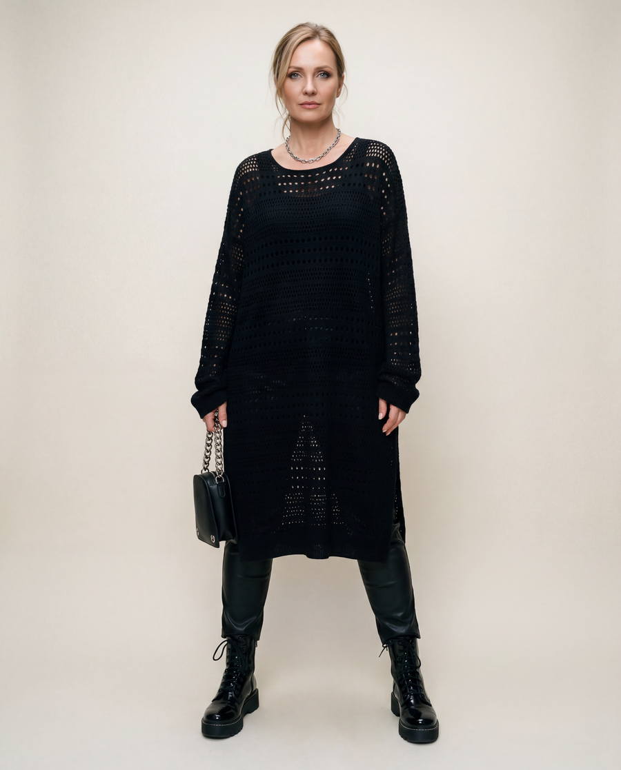 Open-Knit Mid-Calf Pullover Dress-SimpleModerne