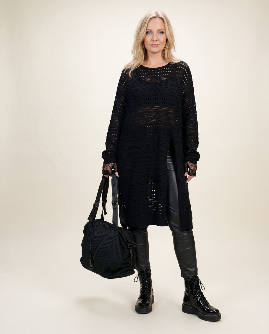 Open-Knit Mid-Calf Pullover Dress-SimpleModerne