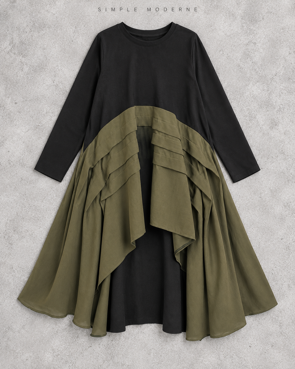Khaki & Black Asymmetric Pleated Midi Dress-SimpleModerne